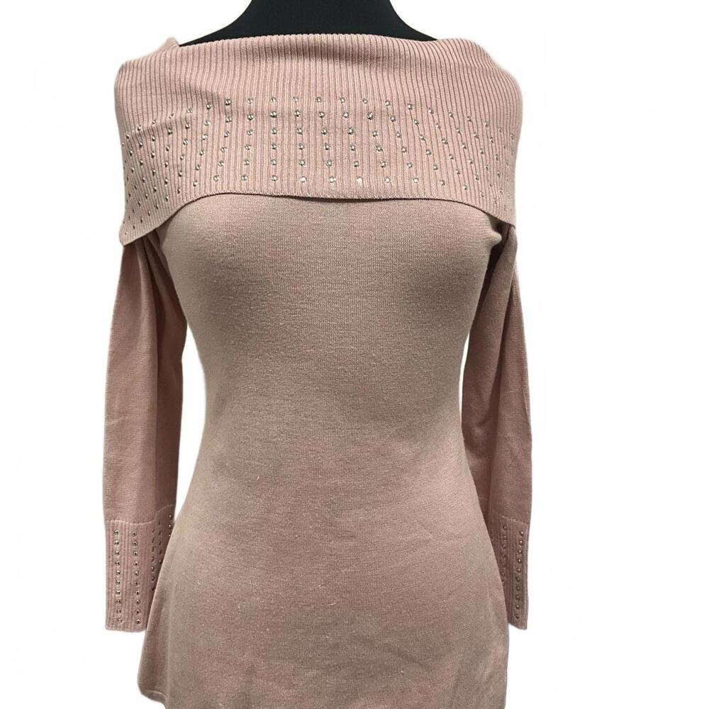 Cowl Neck Silver Studded Powder Pink Tunic Sweater S